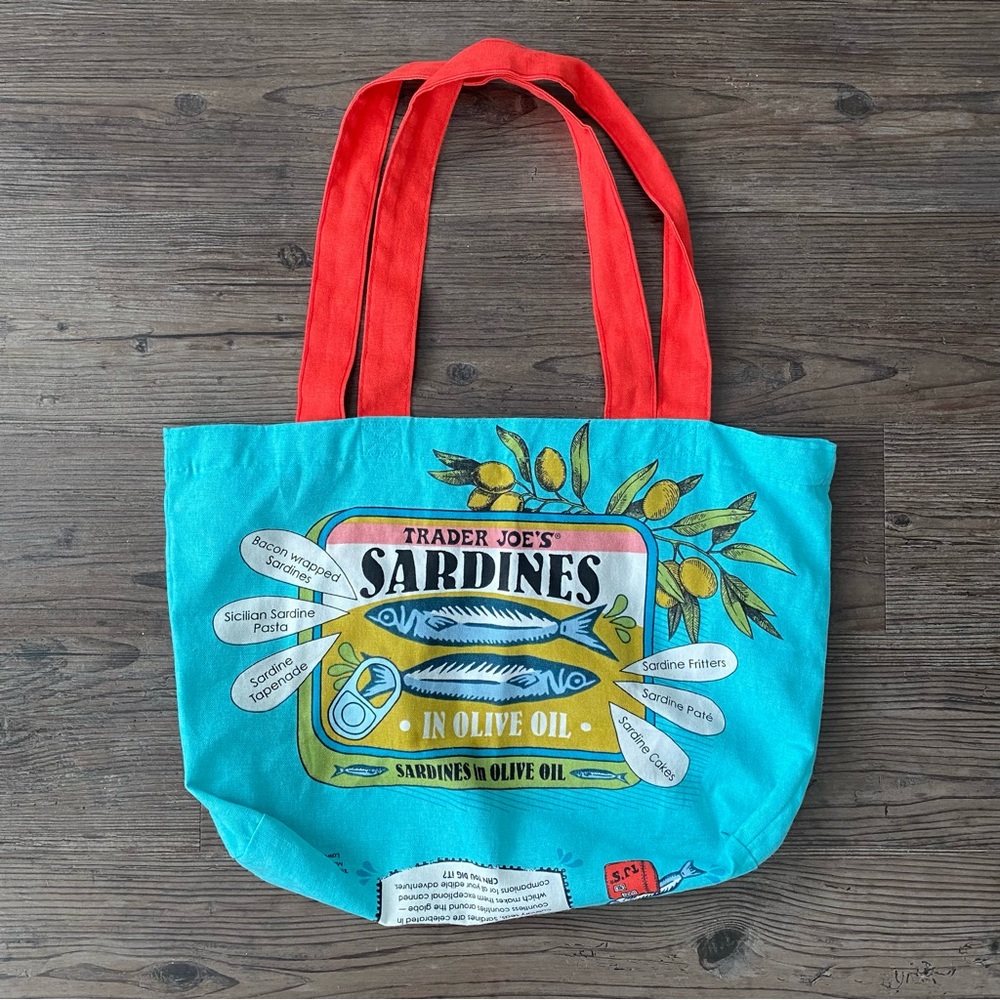 TRADER JOES SARDINES BLUE GRAPHIC TOTE BAG